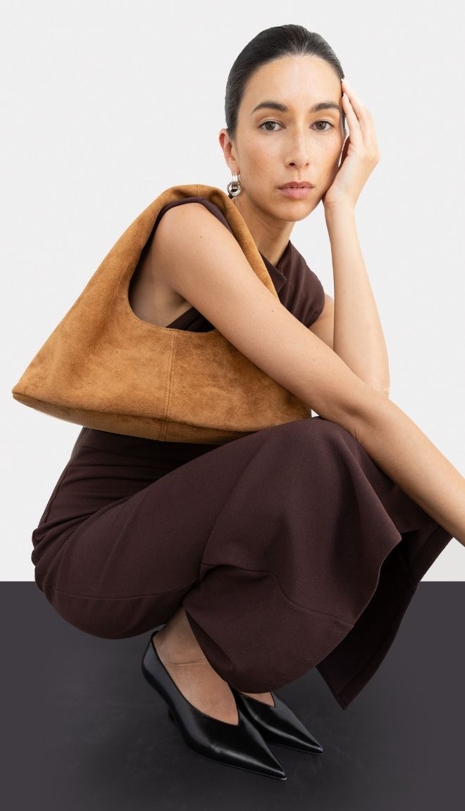 DEMI SHOULDER BAG IN VEGAN SUEDE in Camel — alternate angle