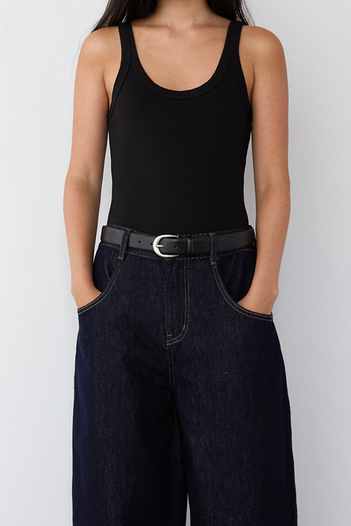 GENUINE LEATHER BRUSHED METAL BELT in Black Silver — alternate angle