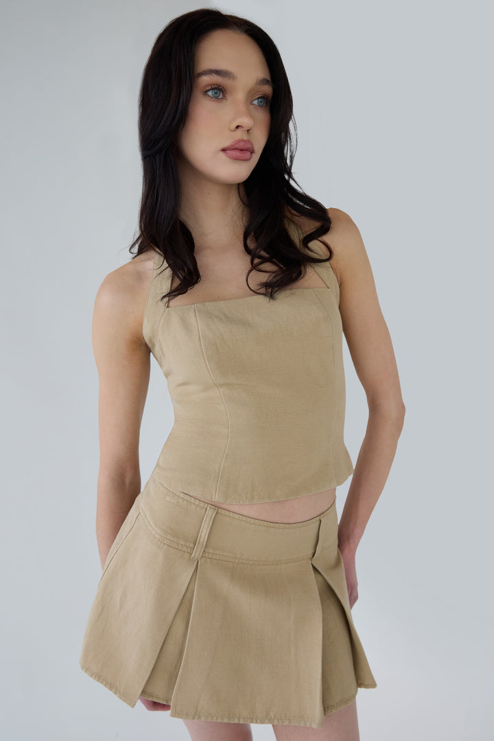 LINEN BLEND HALTER SQUARE NECK TOP in Incense — alternate angle