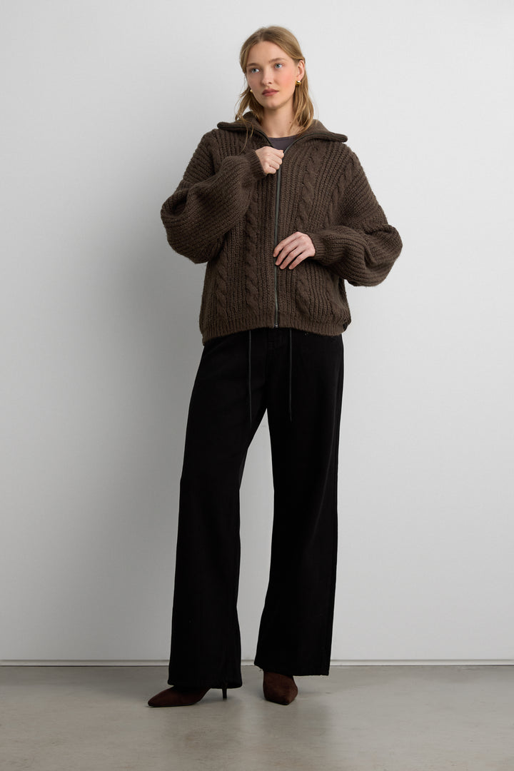 CABLE KNIT COLLARED CARDIGAN in Turkish Coffee — alternate angle