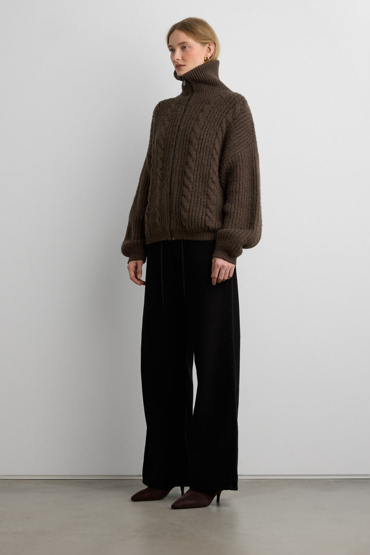 CABLE KNIT COLLARED CARDIGAN in Turkish Coffee — alternate angle