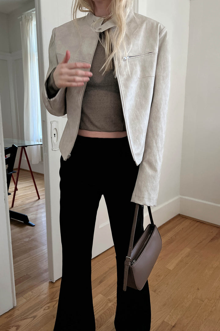 VEGAN LEATHER MOTO JACKET in Pelican — alternate angle