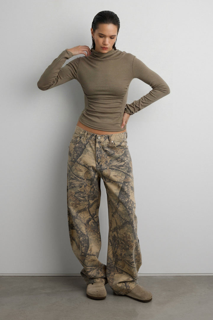 CAMO PRINT BARREL LEG PANT in Beige Print — alternate angle