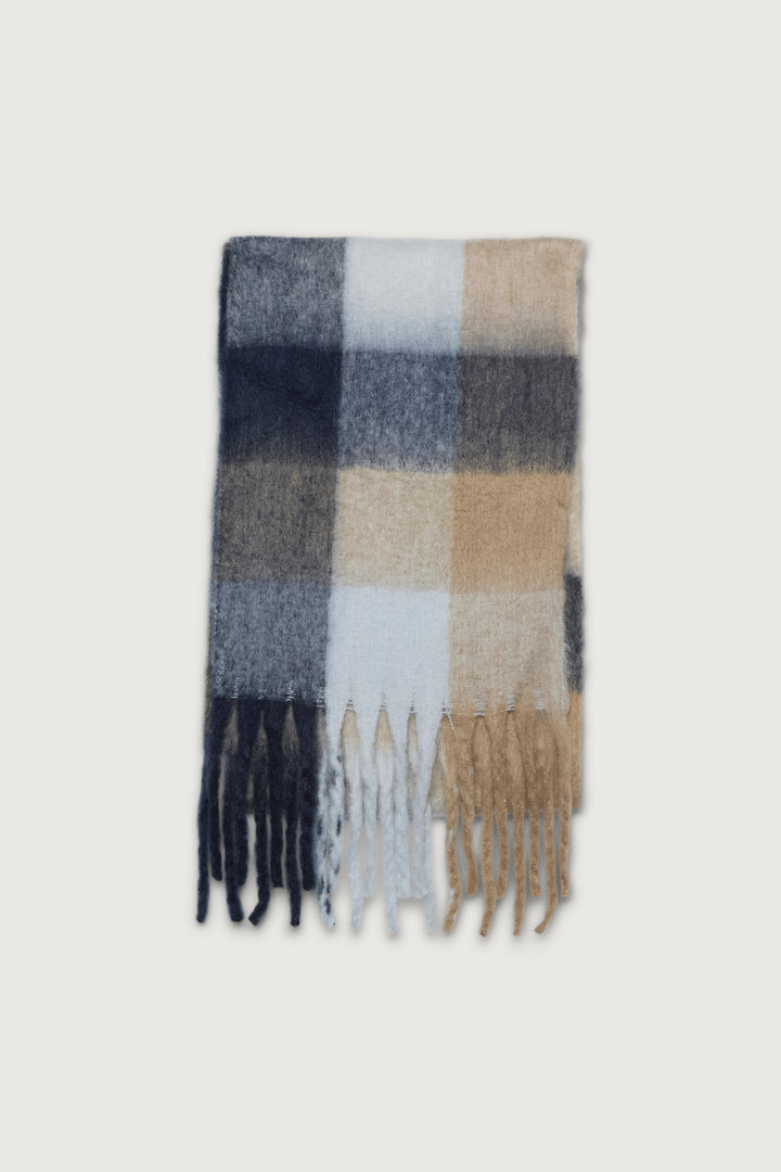 PATTERNED SCARF WITH TASSELS in Navy Blue Check — alternate angle