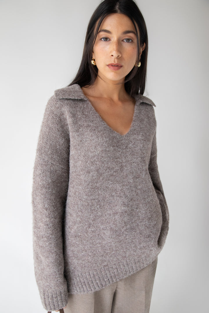 OVERSIZED COLLARED V-NECK SWEATER in Heather Taupe Grey — alternate angle