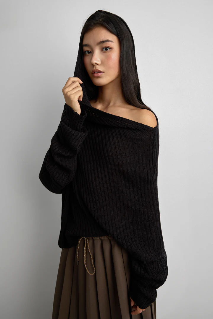 SLOUCHY OFF THE SHOULDER KNIT HOODIE