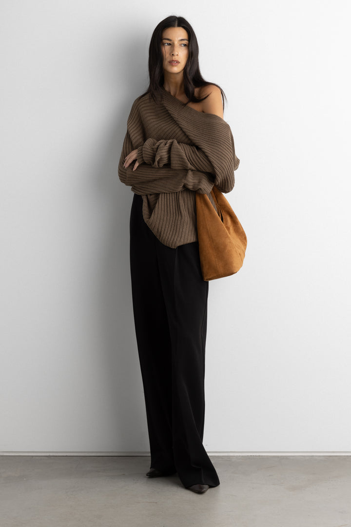 SLOUCHY OFF THE SHOULDER KNIT HOODIE in Bronze Brown — alternate angle