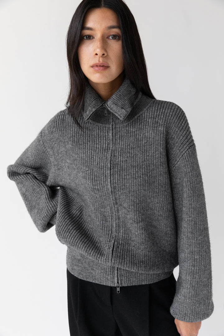 HIGH NECKLINE ZIP UP SWEATER in Charcoal — alternate angle