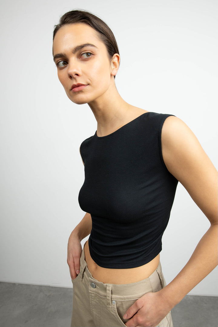 OPEN BACK KNIT TOP in Black — alternate angle