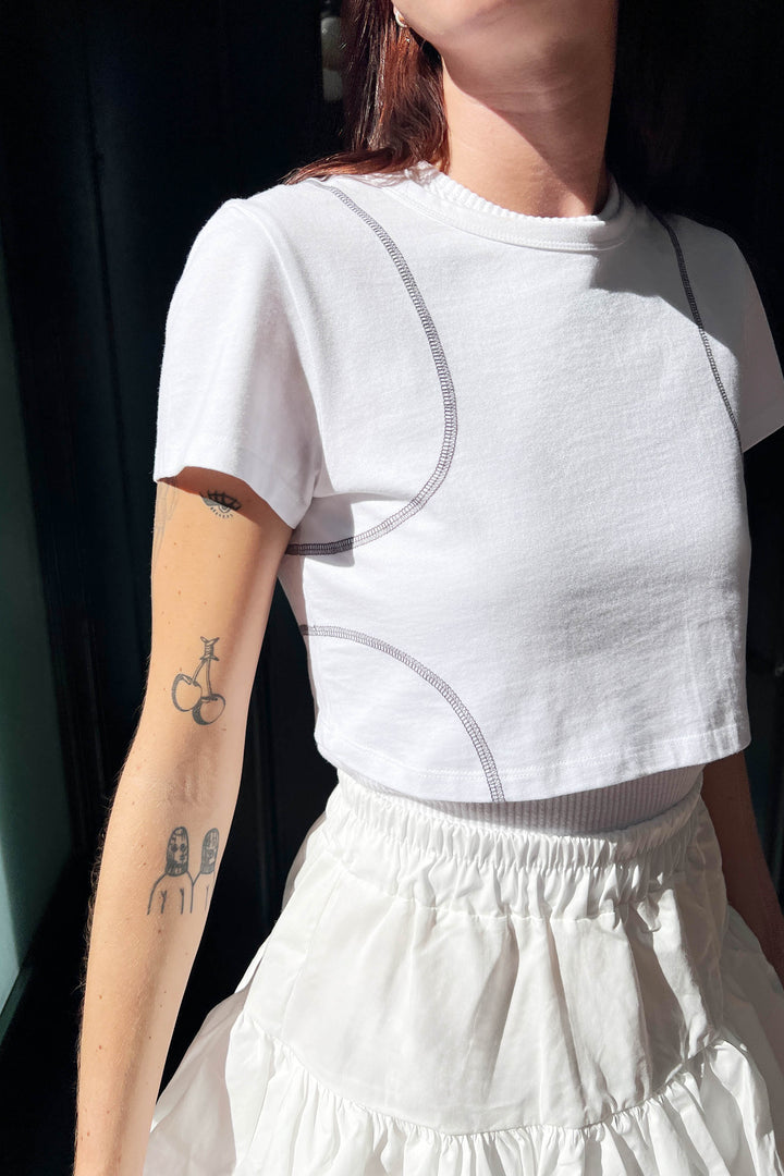 ORGANIC COTTON CROPPED TEE WITH STITCHING in White — alternate angle