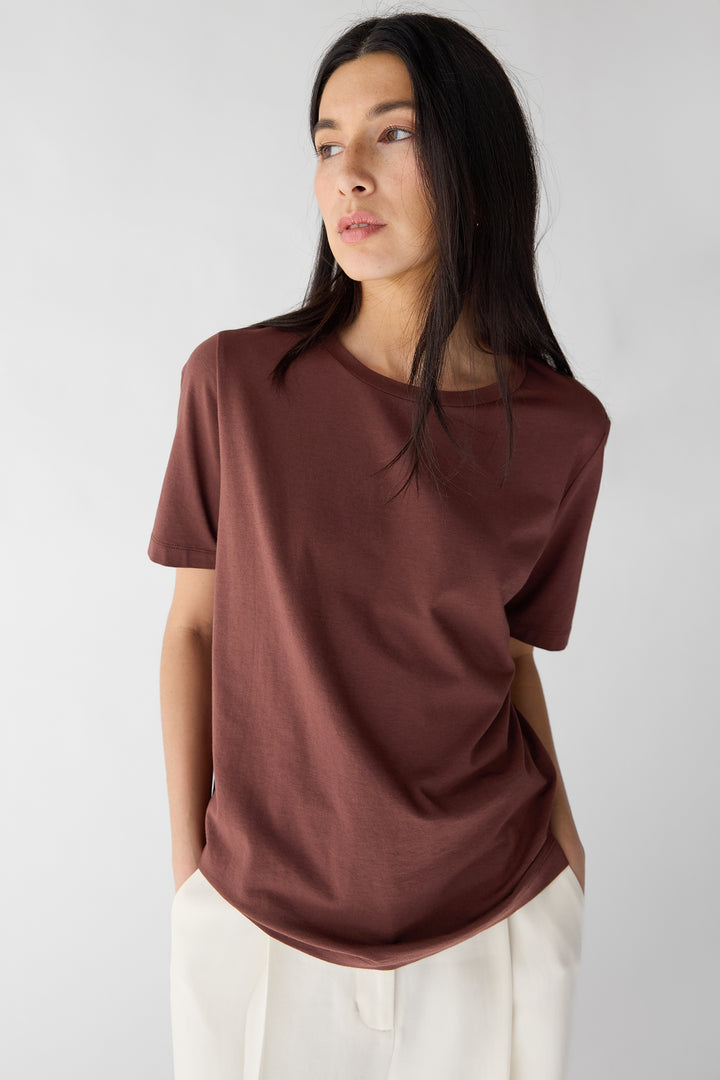 COTTON MODAL CREWNECK T-SHIRT in Brown Stone — alternate angle
