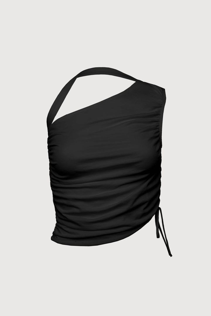 ONE SHOULDER SIDE RUCHED TOP in Black — alternate angle